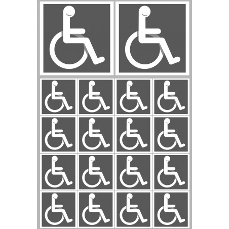 handicap fauteuil - 2 stickers de 10cm et  16 stickers de 5cm - Sticker/autocollant